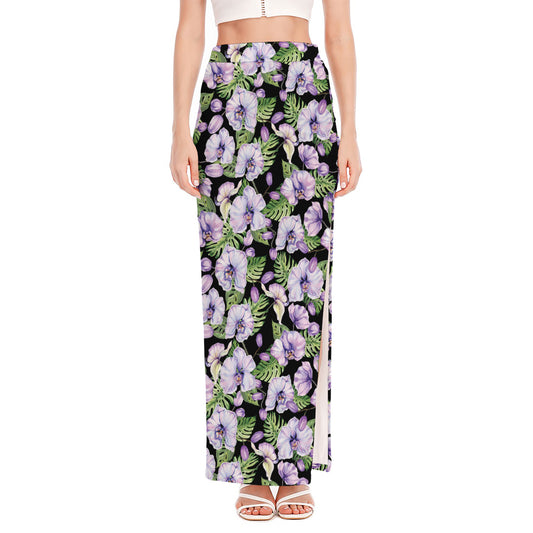 Watercolor Cattleya Pattern Print High Slit Maxi Skirt
