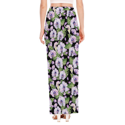 Watercolor Cattleya Pattern Print High Slit Maxi Skirt