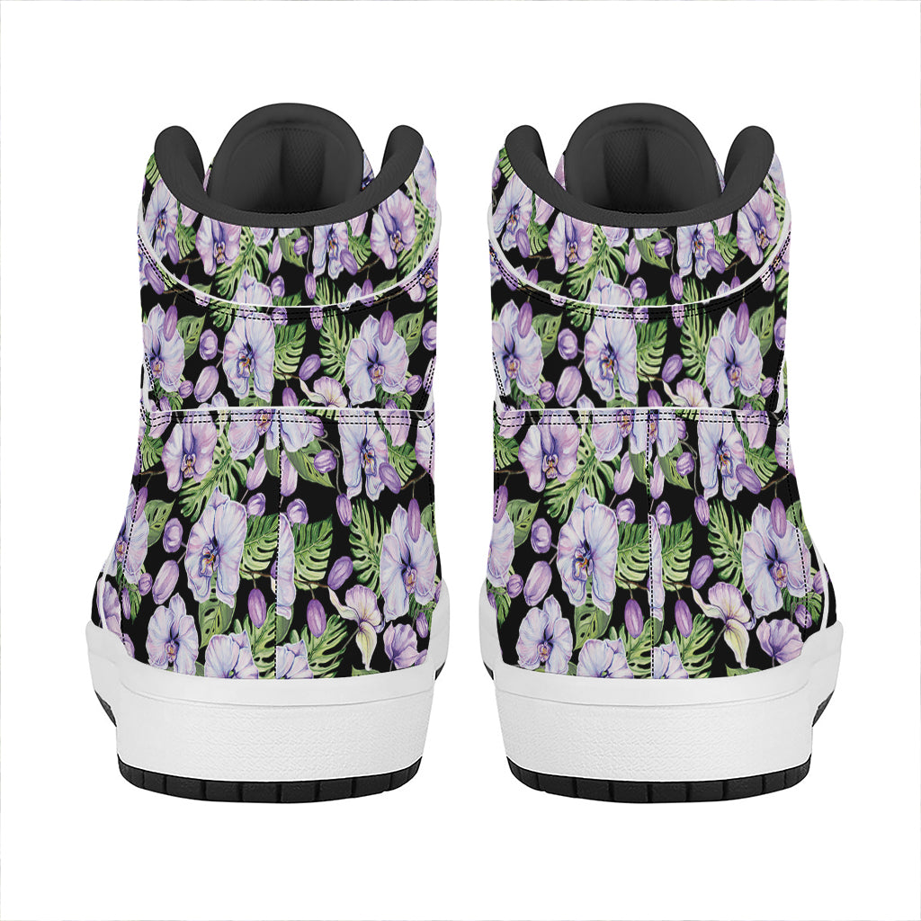 Watercolor Cattleya Pattern Print High Top Leather Sneakers