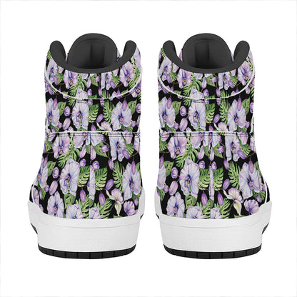 Watercolor Cattleya Pattern Print High Top Leather Sneakers