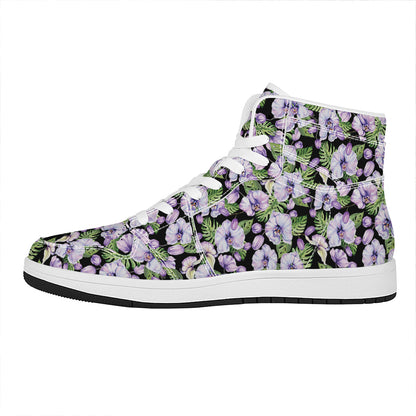 Watercolor Cattleya Pattern Print High Top Leather Sneakers