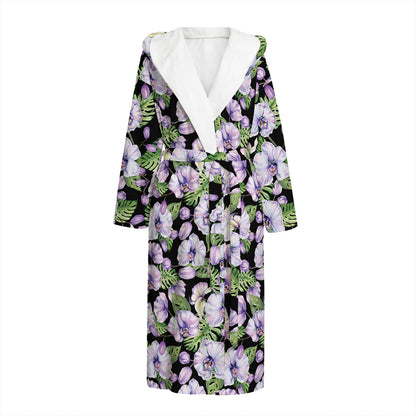 Watercolor Cattleya Pattern Print Hooded Bathrobe