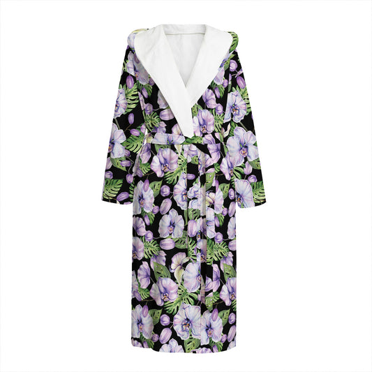 Watercolor Cattleya Pattern Print Hooded Bathrobe