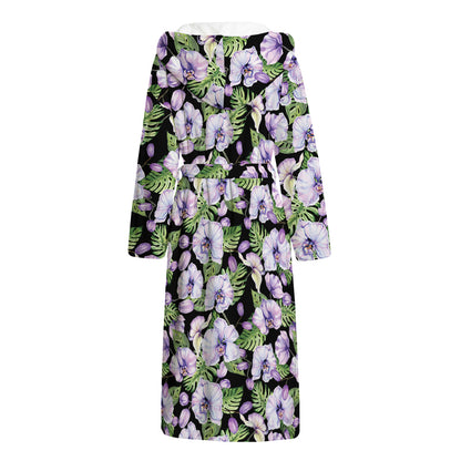 Watercolor Cattleya Pattern Print Hooded Bathrobe
