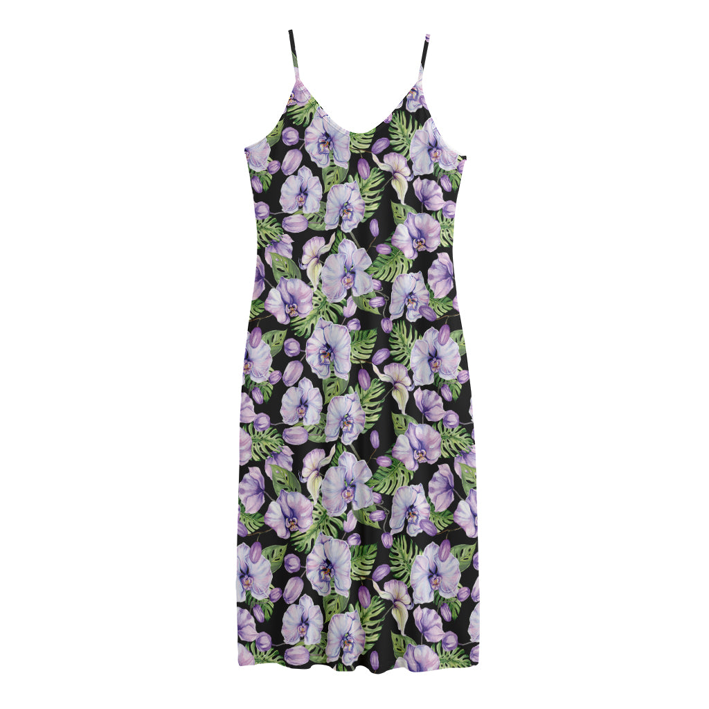 Watercolor Cattleya Pattern Print Jersey Midi Cami Dress