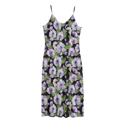 Watercolor Cattleya Pattern Print Jersey Midi Cami Dress