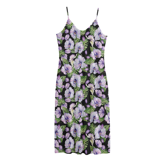 Watercolor Cattleya Pattern Print Jersey Midi Cami Dress