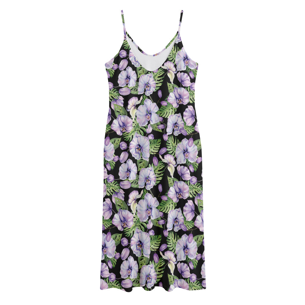 Watercolor Cattleya Pattern Print Jersey Midi Cami Dress