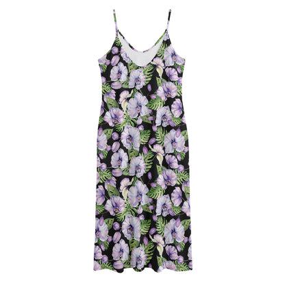 Watercolor Cattleya Pattern Print Jersey Midi Cami Dress