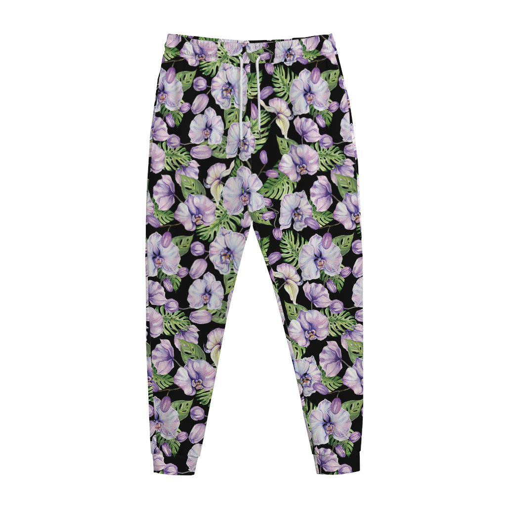 Watercolor Cattleya Pattern Print Jogger Pants