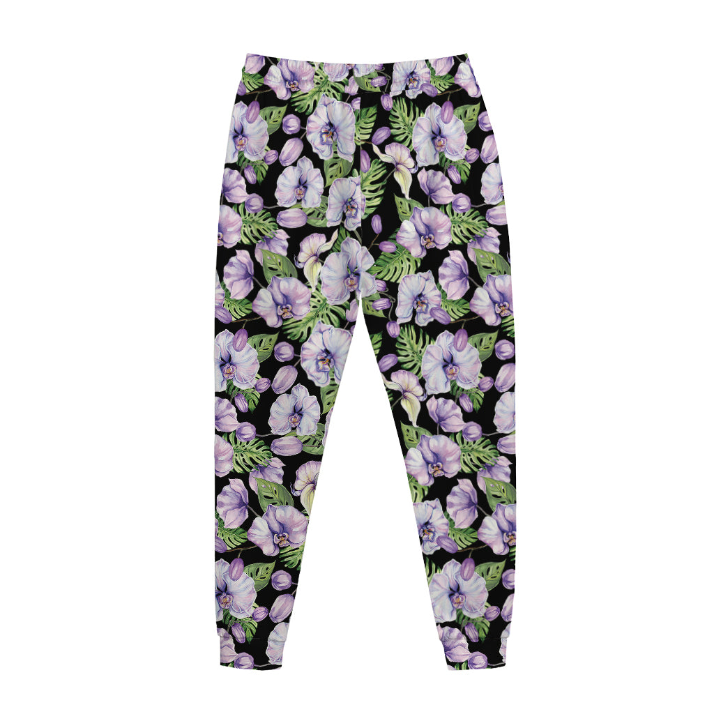 Watercolor Cattleya Pattern Print Jogger Pants