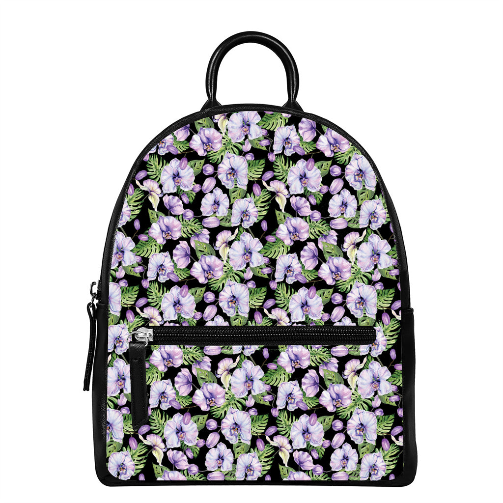Watercolor Cattleya Pattern Print Leather Backpack