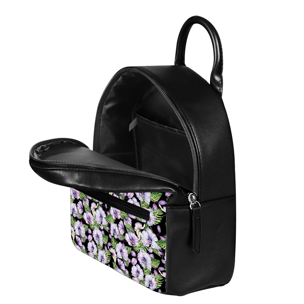 Watercolor Cattleya Pattern Print Leather Backpack