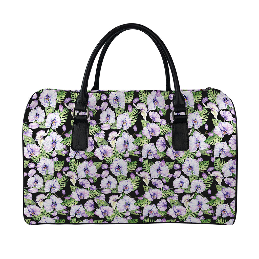 Watercolor Cattleya Pattern Print Leather Duffle Bag