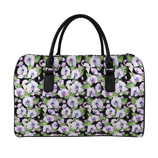Watercolor Cattleya Pattern Print Leather Duffle Bag