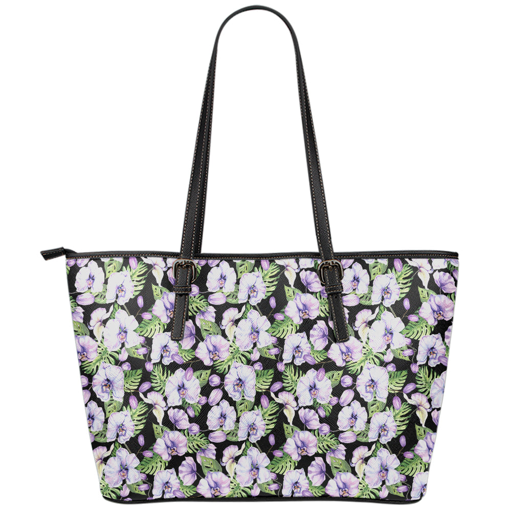 Watercolor Cattleya Pattern Print Leather Tote Bag