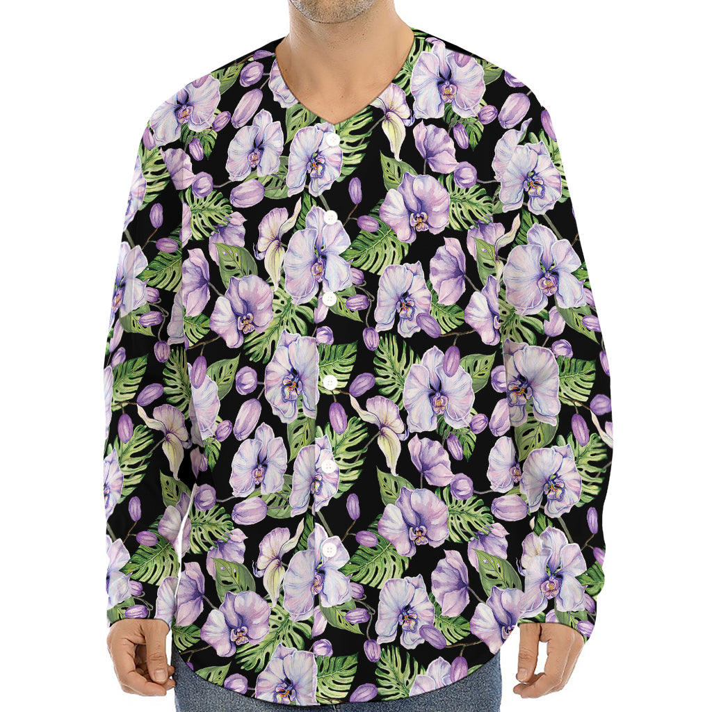 Watercolor Cattleya Pattern Print Long Sleeve Baseball Jersey