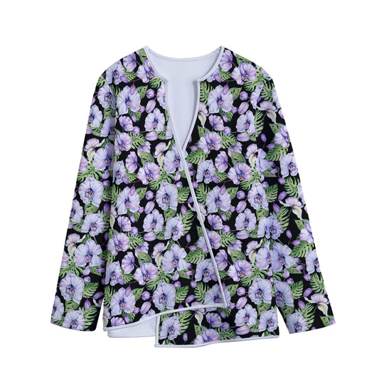 Watercolor Cattleya Pattern Print Long Sleeve Short Coat