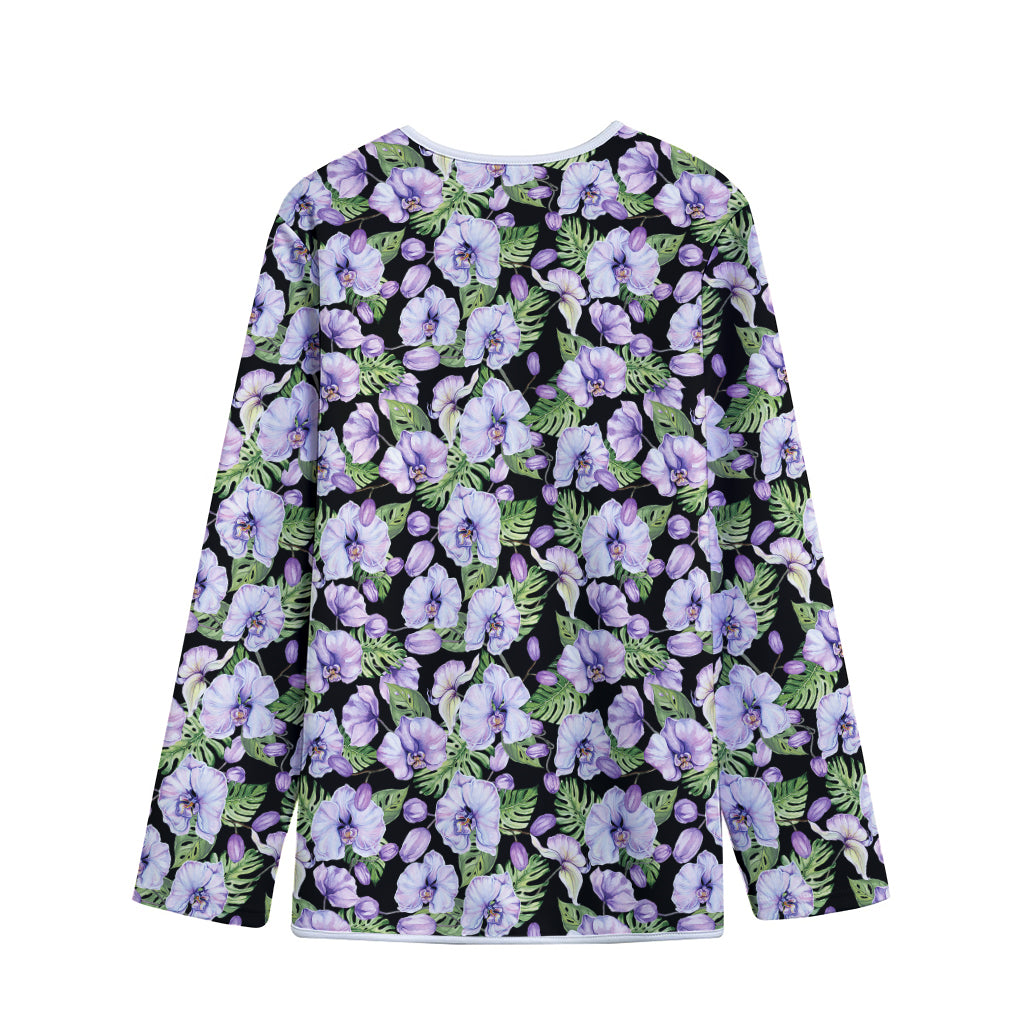 Watercolor Cattleya Pattern Print Long Sleeve Short Coat