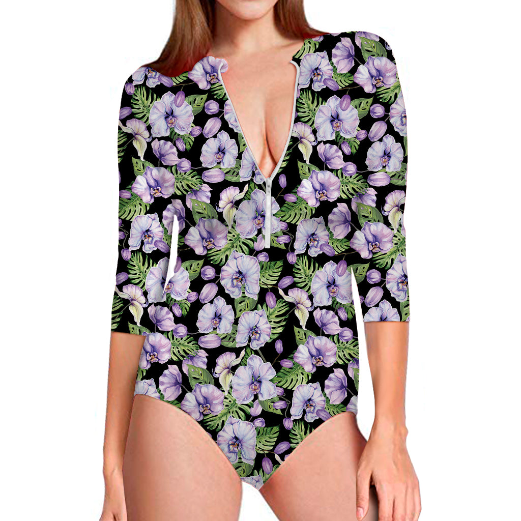 Watercolor Cattleya Pattern Print Long Sleeve Swimsuit