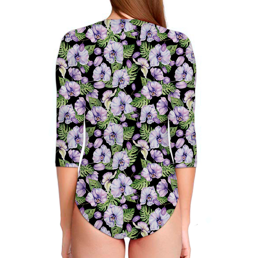 Watercolor Cattleya Pattern Print Long Sleeve Swimsuit