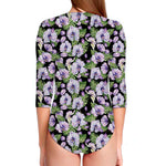 Watercolor Cattleya Pattern Print Long Sleeve Swimsuit