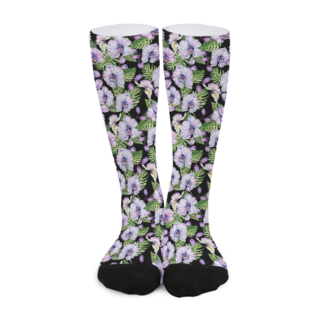 Watercolor Cattleya Pattern Print Long Socks
