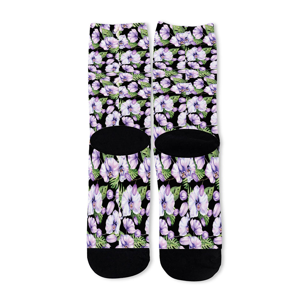 Watercolor Cattleya Pattern Print Long Socks