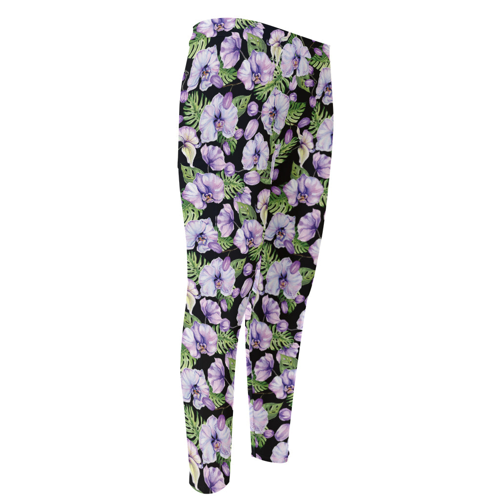 Watercolor Cattleya Pattern Print Men's Compression Pants