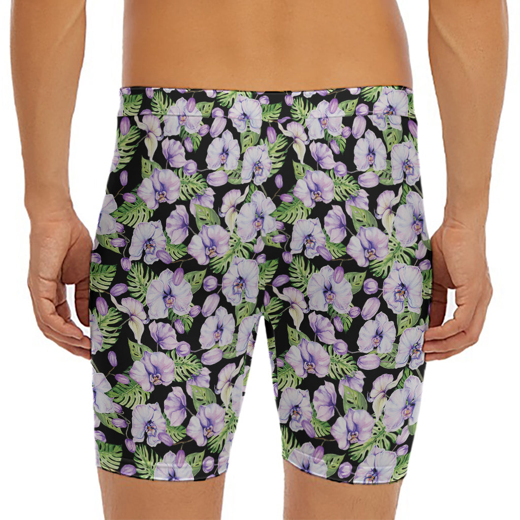 Watercolor Cattleya Pattern Print Men's Long Boxer Briefs