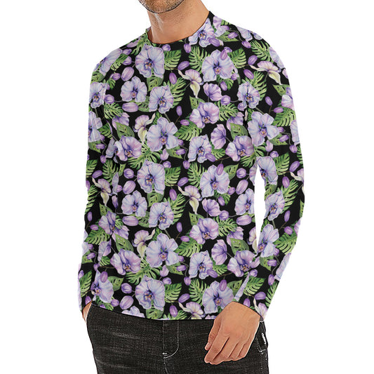 Watercolor Cattleya Pattern Print Men's Long Sleeve Rash Guard
