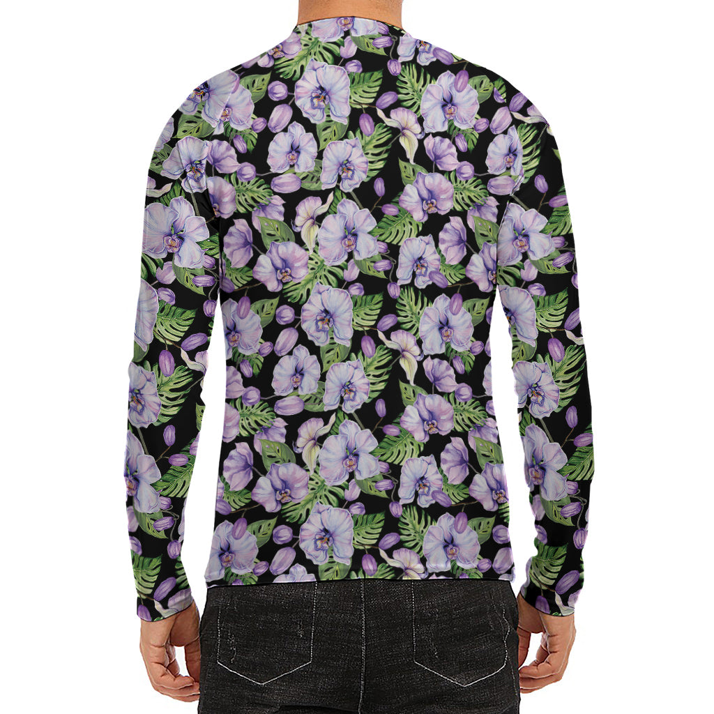Watercolor Cattleya Pattern Print Men's Long Sleeve Rash Guard