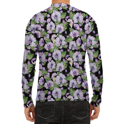Watercolor Cattleya Pattern Print Men's Long Sleeve Rash Guard