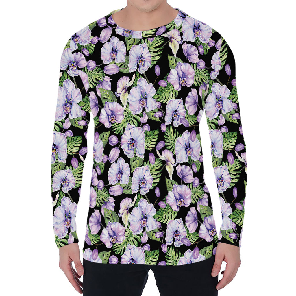 Watercolor Cattleya Pattern Print Men's Long Sleeve T-Shirt