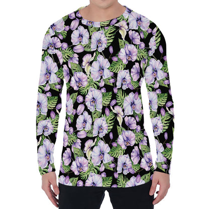 Watercolor Cattleya Pattern Print Men's Long Sleeve T-Shirt
