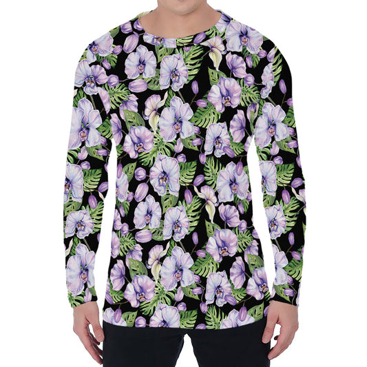 Watercolor Cattleya Pattern Print Men's Long Sleeve T-Shirt