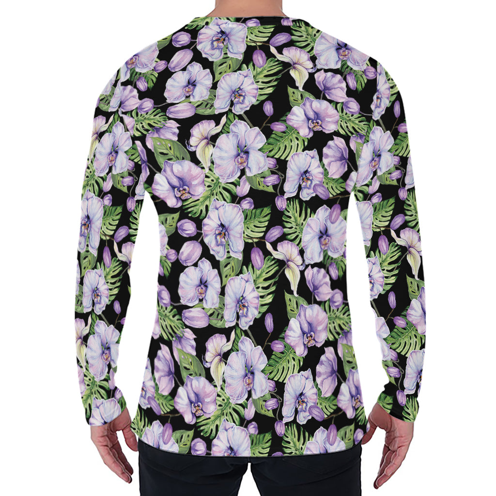 Watercolor Cattleya Pattern Print Men's Long Sleeve T-Shirt