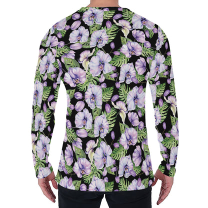 Watercolor Cattleya Pattern Print Men's Long Sleeve T-Shirt