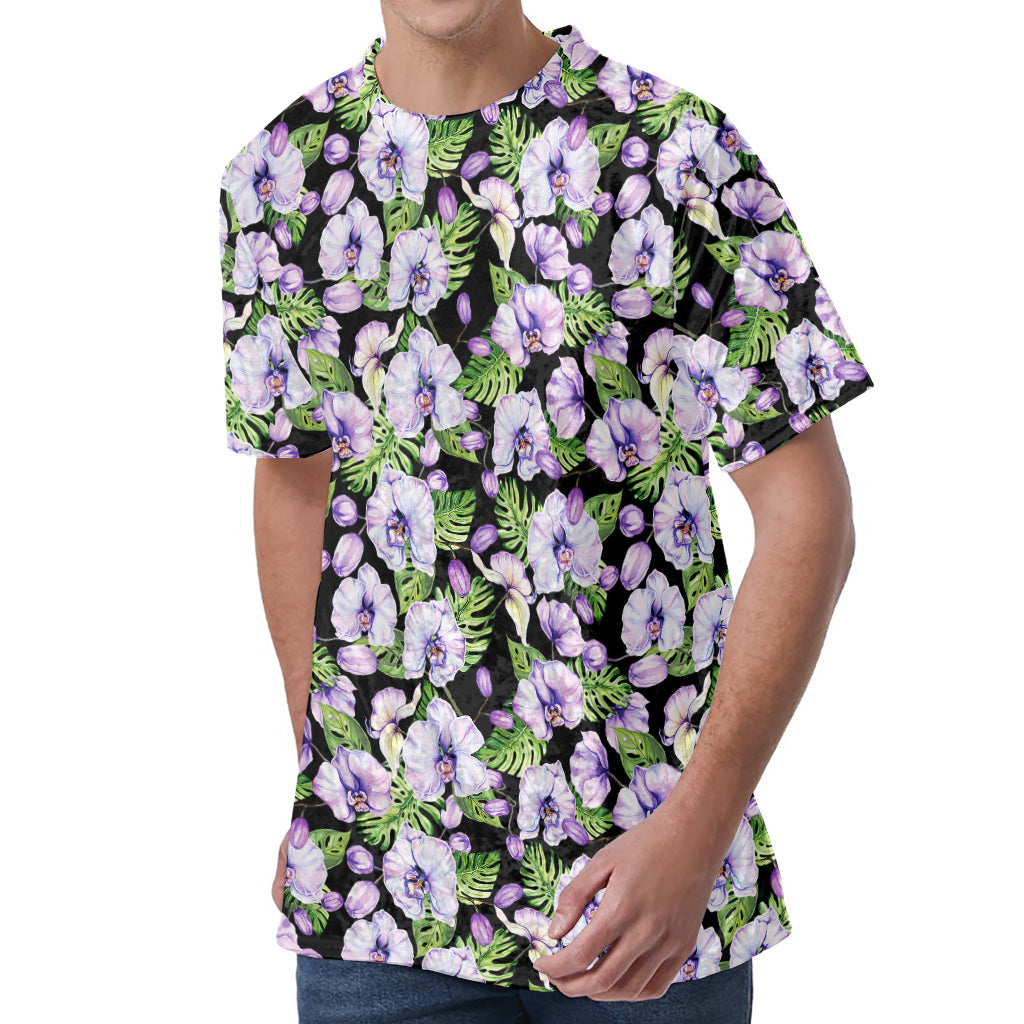 Watercolor Cattleya Pattern Print Men's Velvet T-Shirt