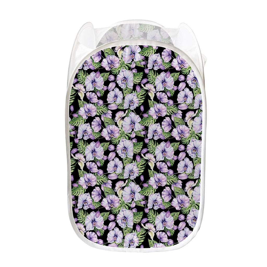 Watercolor Cattleya Pattern Print Mesh Laundry Hamper