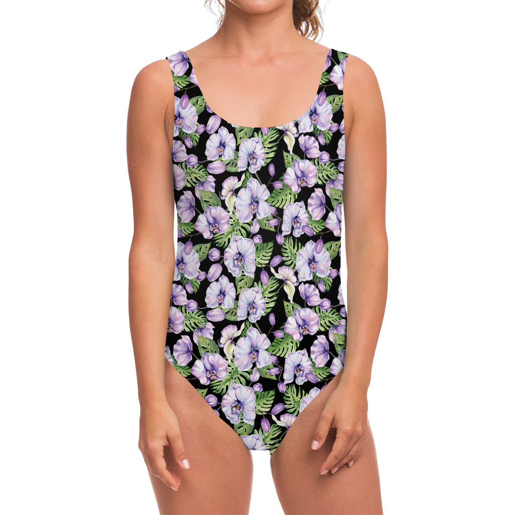 Watercolor Cattleya Pattern Print One Piece Swimsuit