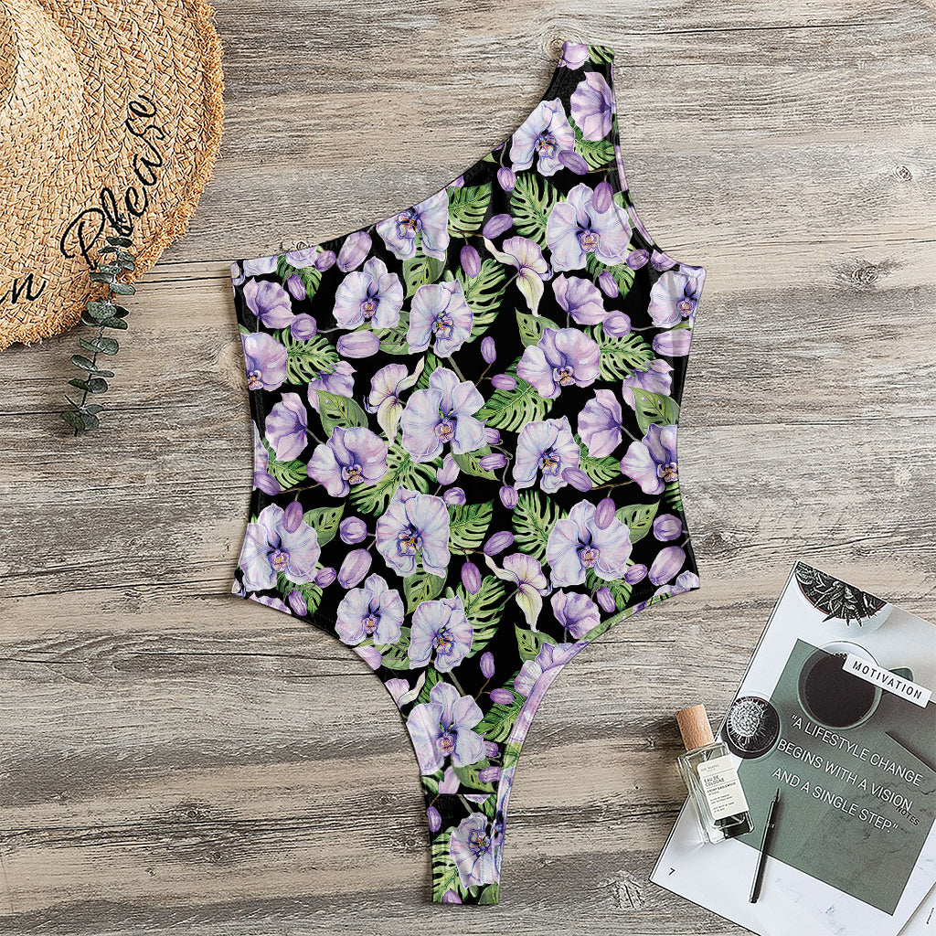 Watercolor Cattleya Pattern Print One Shoulder Bodysuit