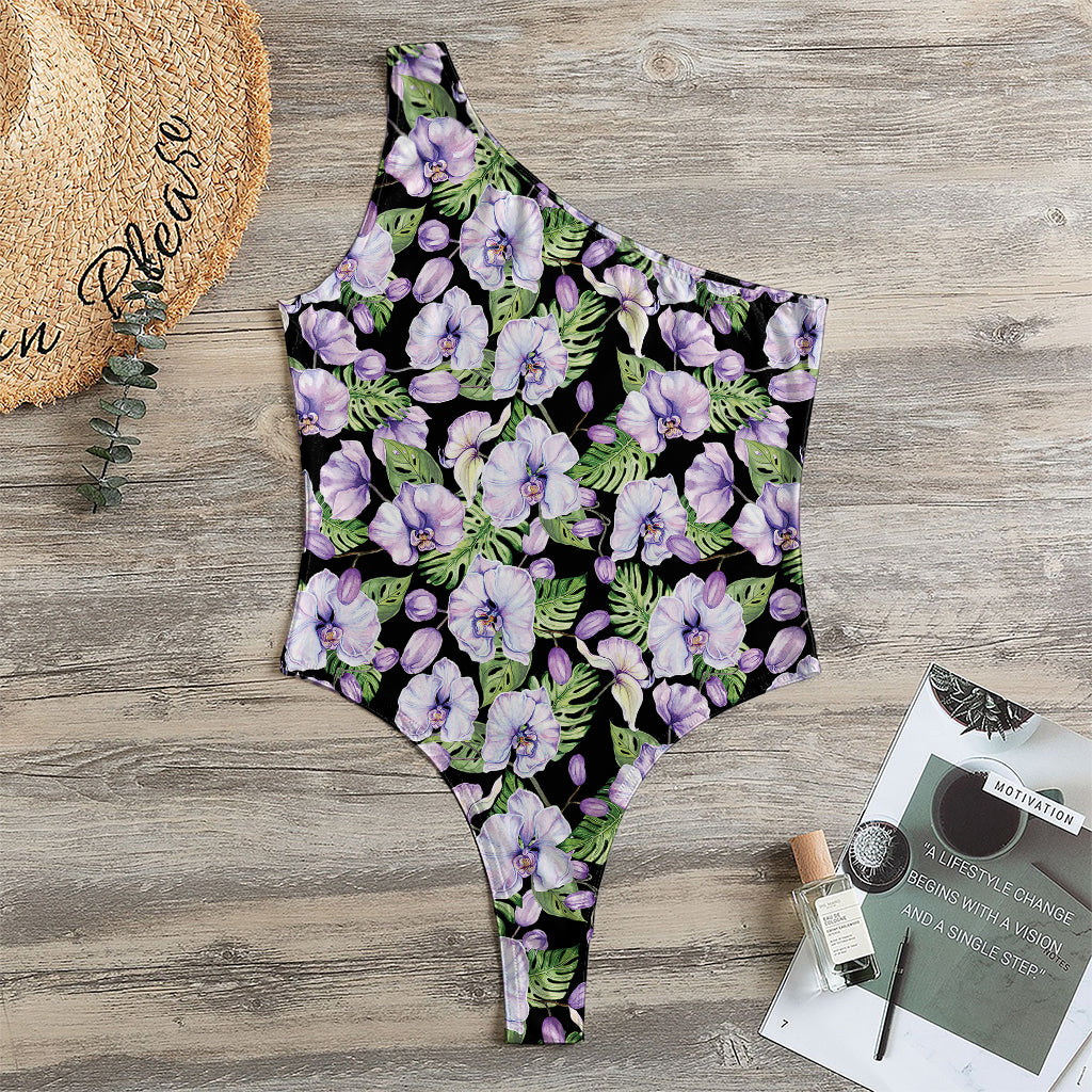 Watercolor Cattleya Pattern Print One Shoulder Bodysuit