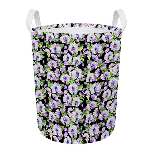 Watercolor Cattleya Pattern Print Round Laundry Basket