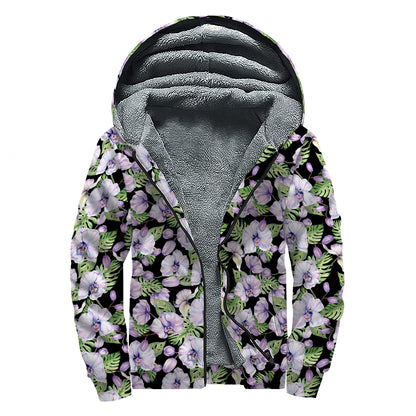 Watercolor Cattleya Pattern Print Sherpa Lined Zip Up Hoodie