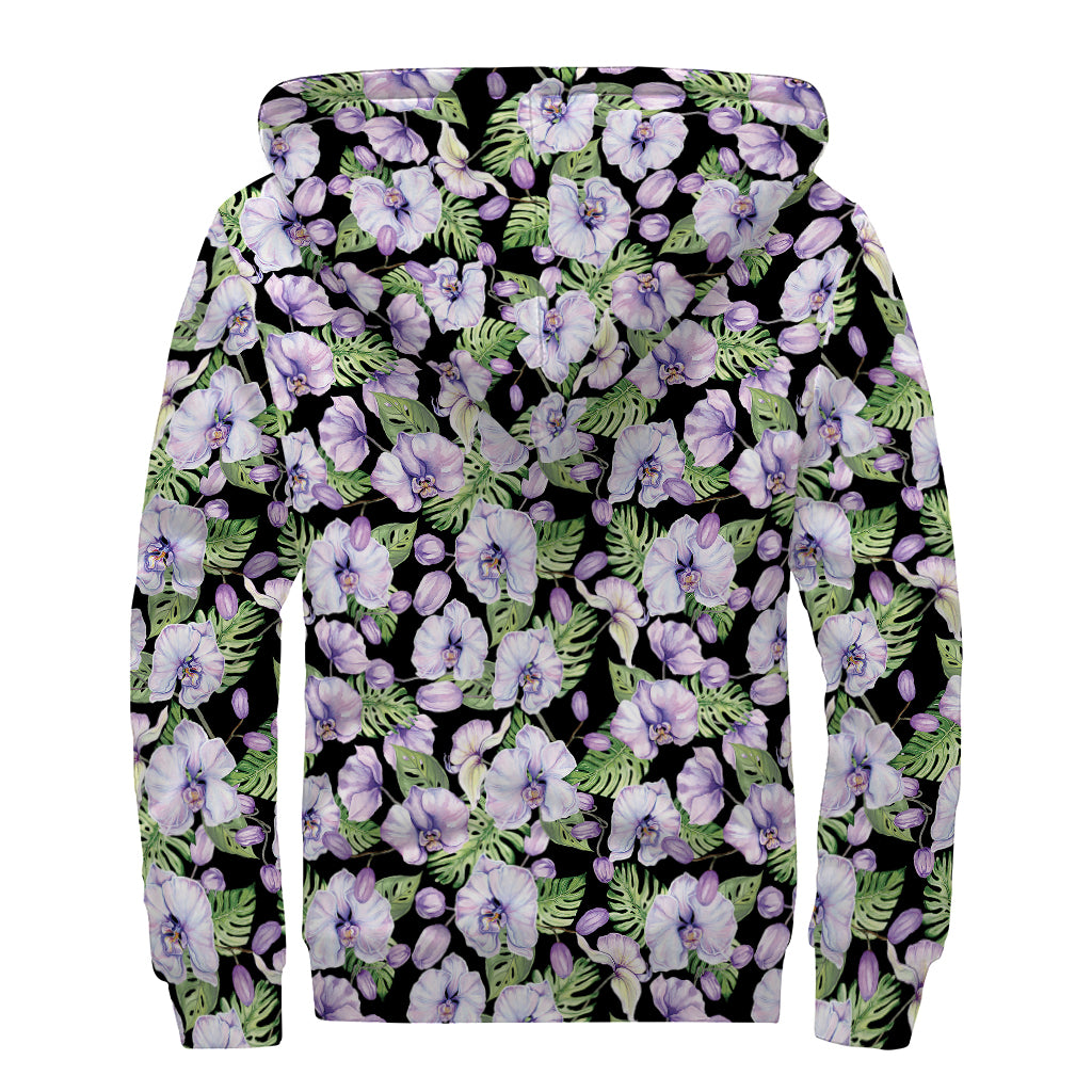 Watercolor Cattleya Pattern Print Sherpa Lined Zip Up Hoodie