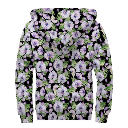 Watercolor Cattleya Pattern Print Sherpa Lined Zip Up Hoodie