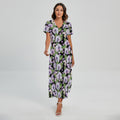 Watercolor Cattleya Pattern Print Short Sleeve Maxi Dress