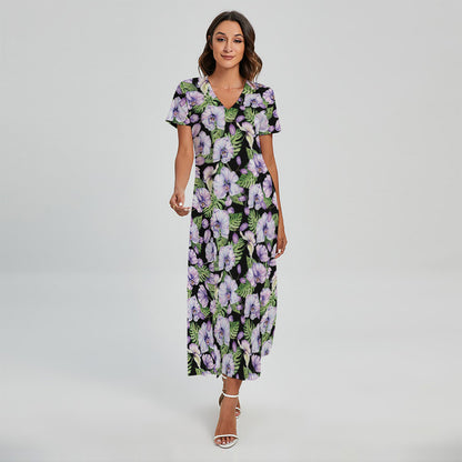 Watercolor Cattleya Pattern Print Short Sleeve Maxi Dress
