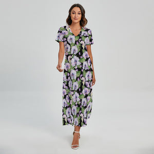 Watercolor Cattleya Pattern Print Short Sleeve Maxi Dress